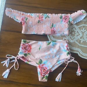 Pink smocked top high waisted swimsuit